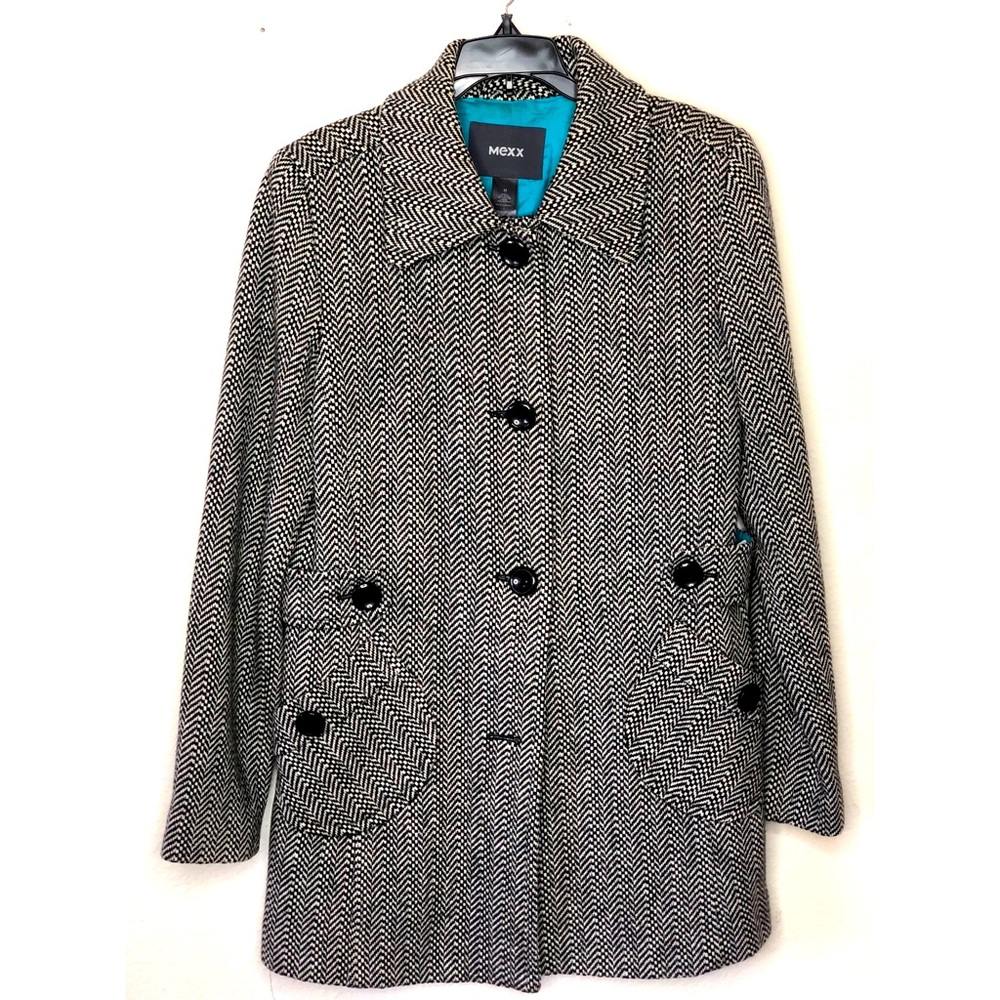 Mexx Black/White Tweed Pea Coat with Turquoise Lining Size Medium